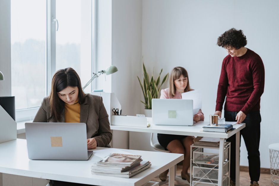 Group of colleagues working together in a bright, modern office space with laptops.